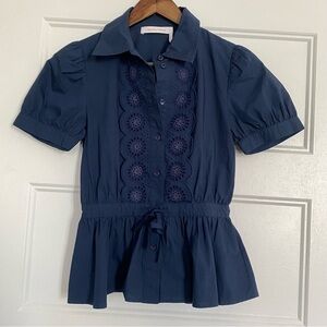 See By Chloe Navy Eyelet Peplum Button-Down Blouse